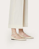 WOMEN'S VALENTINO GARAVANI GRAIN CALFSKIN LEATHER ROCKSTUD CAGED BALLET FLAT LIGHT IVORY