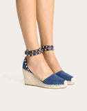 WOMEN'S VALENTINO GARAVANI DENIM ROCKSTUD DOUBLE WEDGE ESPADRILLES 65MM BLUE