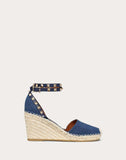 WOMEN'S VALENTINO GARAVANI DENIM ROCKSTUD DOUBLE WEDGE ESPADRILLES 65MM BLUE