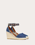 WOMEN'S VALENTINO GARAVANI DENIM ROCKSTUD DOUBLE WEDGE ESPADRILLES 65MM BLUE