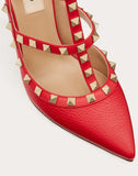 WOMEN'S VALENTINO GARAVANI ROCKSTUD GRAINY CALFSKIN ANKLE STRAP PUMP 100 MM PURE RED