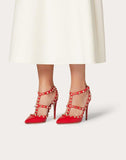 WOMEN'S VALENTINO GARAVANI ROCKSTUD GRAINY CALFSKIN ANKLE STRAP PUMP 100 MM PURE RED