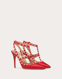 WOMEN'S VALENTINO GARAVANI ROCKSTUD GRAINY CALFSKIN ANKLE STRAP PUMP 100 MM PURE RED