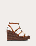 WOMEN'S VALENTINO GARAVANI ROCKSTUD COWHIDE ANKLE STRAP WEDGE SANDAL 95 MM TAN