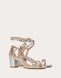 WOMEN'S VALENTINO GARAVANI ROCKSTUD LAMINATED GRAINY CALFSKIN SANDAL 60 MM SILVER