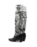 WOMEN'S LANVIN TALL BOOTS IN PRINTED LEATHER AND SILK BLACK