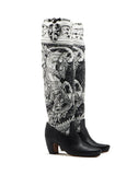 WOMEN'S LANVIN TALL BOOTS IN PRINTED LEATHER AND SILK BLACK
