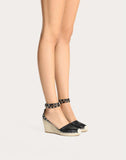 WOMEN'S VALENTINO GARAVANI ROCKSTUD DOUBLE GRAINY CALFSKIN LEATHER WEDGE ESPADRILLE 65 MM