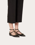 WOMEN'S VALENTINO GARAVANI ROCKSTUD GRAINY CALFSKIN ANKLE STRAP BALLET FLAT BLACK