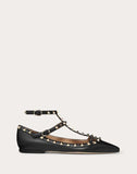 WOMEN'S VALENTINO GARAVANI ROCKSTUD GRAINY CALFSKIN ANKLE STRAP BALLET FLAT BLACK