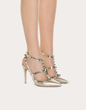 WOMEN'S VALENTINO GARAVANI METALLIC ROCKSTUD CAGED PUMP 100MM PLATINUM
