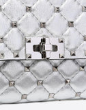 WOMEN'S VALENTINO GARAVANI METALLIC ROCKSTUD SPIKE CROSSBODY CLUTCH SILVER