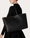 WOMEN'S VALENTINO GARAVANI LARGE GRAIN CALFSKIN LEATHER ROCKSTUD SHOPPING BAG BLACK