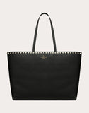 WOMEN'S VALENTINO GARAVANI LARGE GRAIN CALFSKIN LEATHER ROCKSTUD SHOPPING BAG BLACK