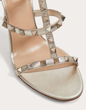 WOMEN'S VALENTINO GARAVANI ROCKSTUD METALLIC ANKLE STRAP SANDAL 100 MM CHAMPAGNE