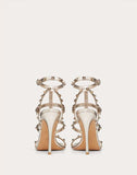 WOMEN'S VALENTINO GARAVANI ROCKSTUD METALLIC ANKLE STRAP SANDAL 100 MM CHAMPAGNE