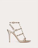 WOMEN'S VALENTINO GARAVANI ROCKSTUD METALLIC ANKLE STRAP SANDAL 100 MM CHAMPAGNE