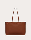 WOMEN'S VALENTINO GARAVANI SMALL ROCKSTUD GRAINY CALFSKIN SHOPPER BROWN