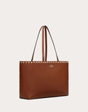 WOMEN'S VALENTINO GARAVANI SMALL ROCKSTUD GRAINY CALFSKIN SHOPPER BROWN
