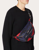 MEN'S VALENTINO GARAVANI CAMOUFLAGE NYLON BELT BAG WITH VLTN RIBBON STRAP NAVY/ RED