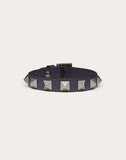 MEN'S VALENTINO GARAVANI ROCKSTUD LEATHER BRACELET WITH RUTHENIUM STUDS DARK BLUE