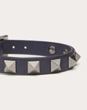 MEN'S VALENTINO GARAVANI ROCKSTUD LEATHER BRACELET WITH RUTHENIUM STUDS DARK BLUE